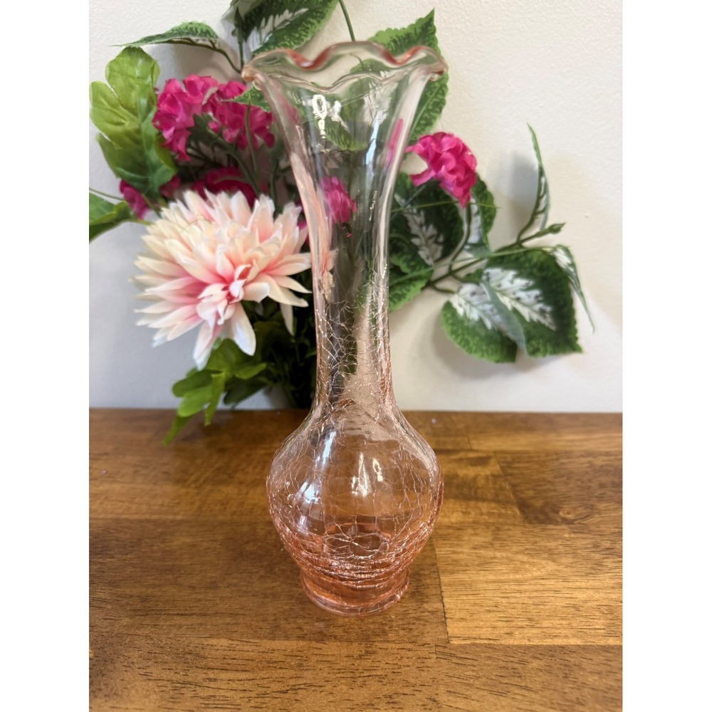 Vintage Pink Crackle Glass Vase with Ruffled‎ Rim Hand-Blown Art Glass Retro
